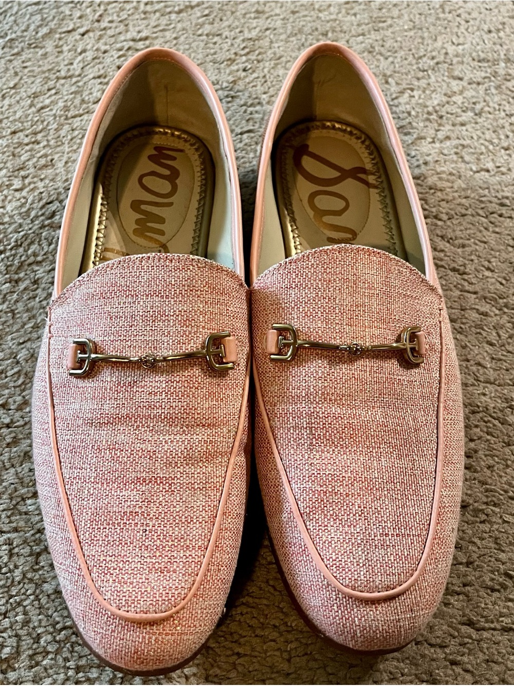Sam Edelman Pink Tweed Slip-On Loafers with Gold Horsebit